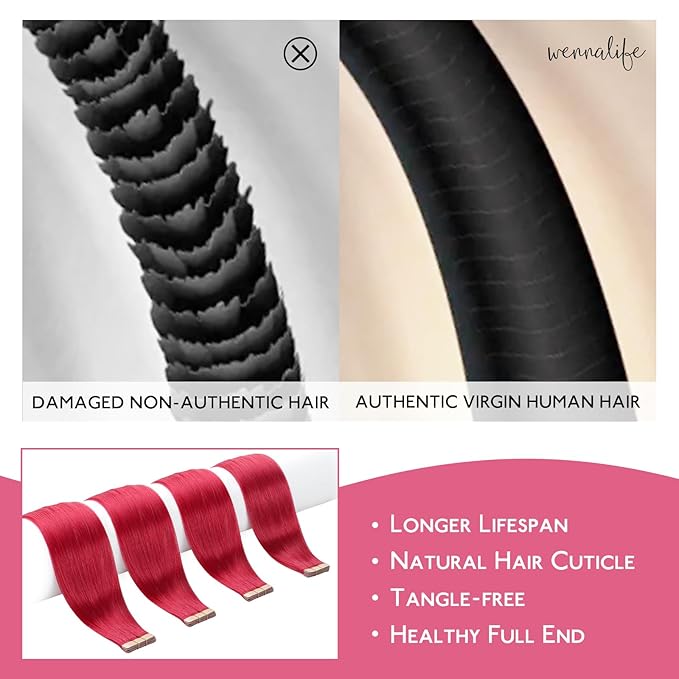 WENNALIFE Tape in Hair Extensions Human Hair Red Tape in Extensions, 10pcs 30g 20 inch Remy Invisible Tape Ins Straight Colored Soft Real Human Hair Tape in Extensions Refill Set Extensions