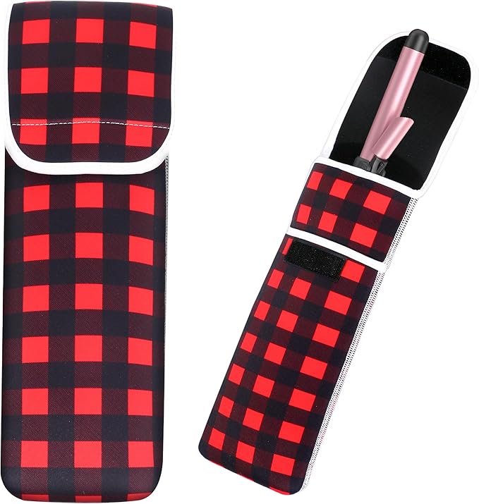 Women's Heat Resistant Neoprene Curling Iron Holder Flat Iron Curling Wand Travel Storage Cover Case Bag Pouch -Water-Resistant (Red lattice)
