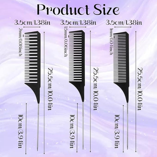 3Pcs Highlighting Comb Professional Hair Dye Combs 3 Sizes Highlight Comb Weaving Combs with Long Stainless Steel Rat Tail for Home and Salon(Black)