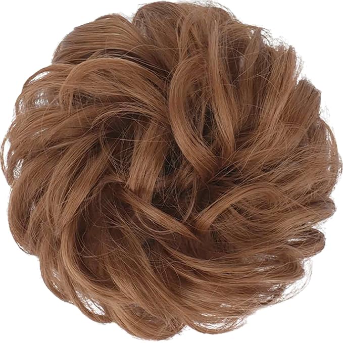FESHFEN Messy Bun Hair Piece - Large Elastic Wavy Curly Hair Bun Scrunchies Ponytail Extensions Synthetic Chignon Hairpieces for Women, Copper Brown 1.94oz