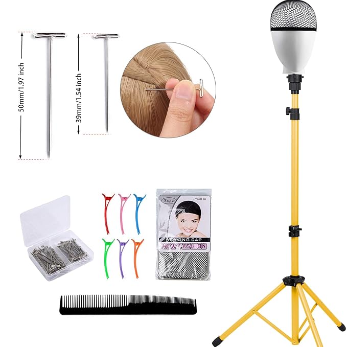 Klvied Reinforced Wig Head Stand, Adjustable Wig Stand tripod for Cosmetology Hairdressing, Metal Mannequin Head Stand for Styling,Golden Yellow(Mannequin Head Not Included)