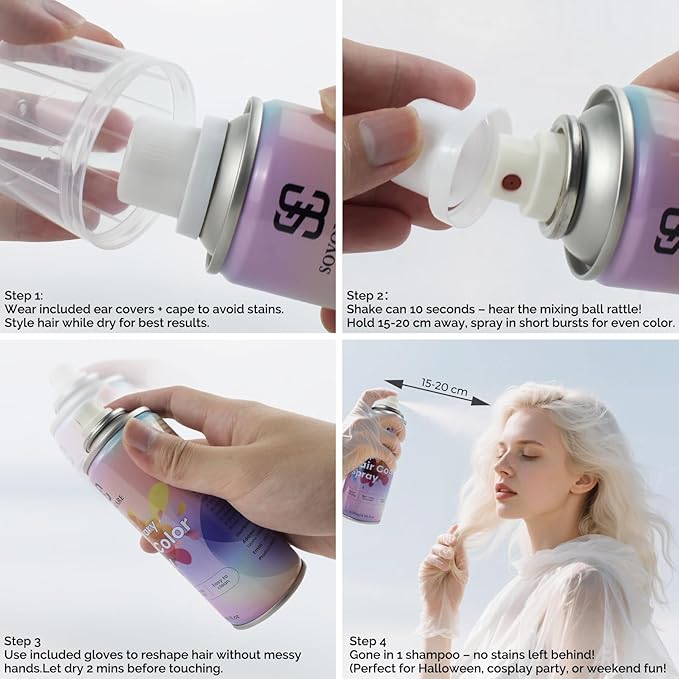 White Temporary Hair Color Spray, SOVONCARE Natural Hair Wax Dye Spray for Kids Halloween, Christmas Party, Cosplay -On 1-Day Washable 120ML