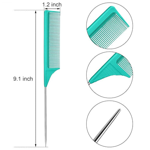 3 Packs Rat Tail Comb Steel Pin Rat Tail Carbon Fiber Heat Resistant Teasing Combs with Stainless Steel Pintail (Green)