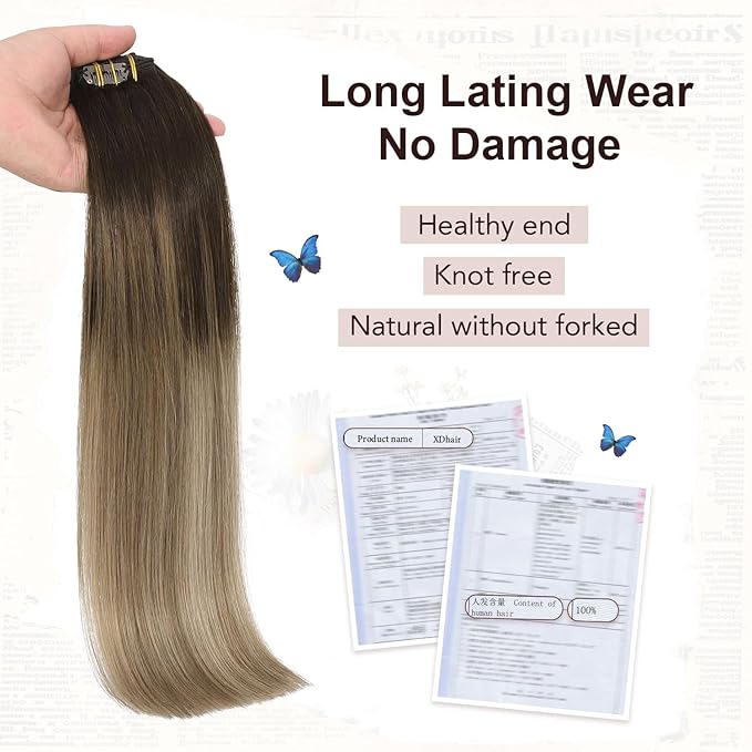 XDhair Clip in Hair Extensions Human Hair 100g 16inch 6pcs Blayage Dark Brown to Dirty Blonde Remy Real Human Hair Clip in Hair Extensions 16inch #2/6/18