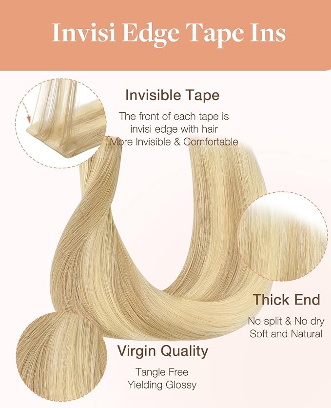 GOO GOO Invisi Edge Tape in Hair Extensions Human Hair, 18D/22F Dirty Blonde Highlights 10pcs injected with 10pcs classical tape ins, 12inch 40g, Virgin Remy Hair, Natural Look