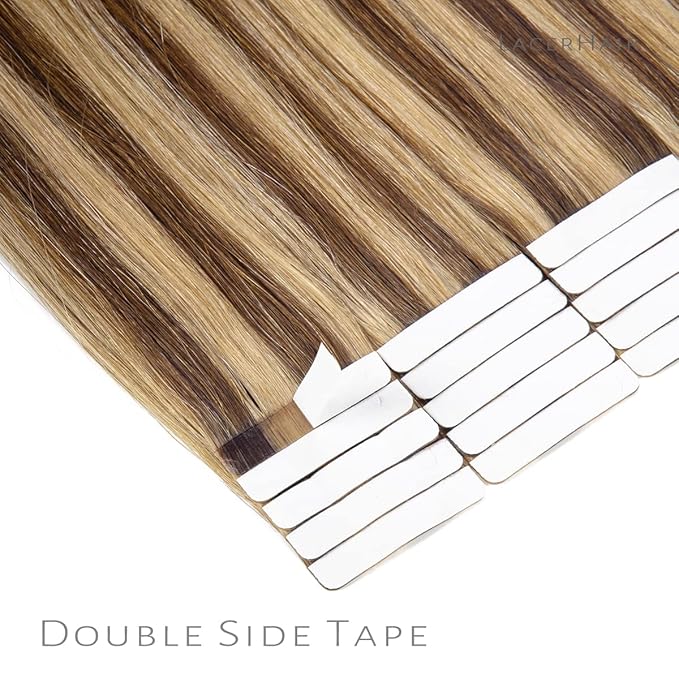 Lacer Remy Human Hair Extensions Tape in Highlight Dark Brown to Golden Brown Tape in Human Hair Extensions PU Skin Weft 100% Real Virgin Invisible Hair Double Side 50g 20pcs/set 18 Inch
