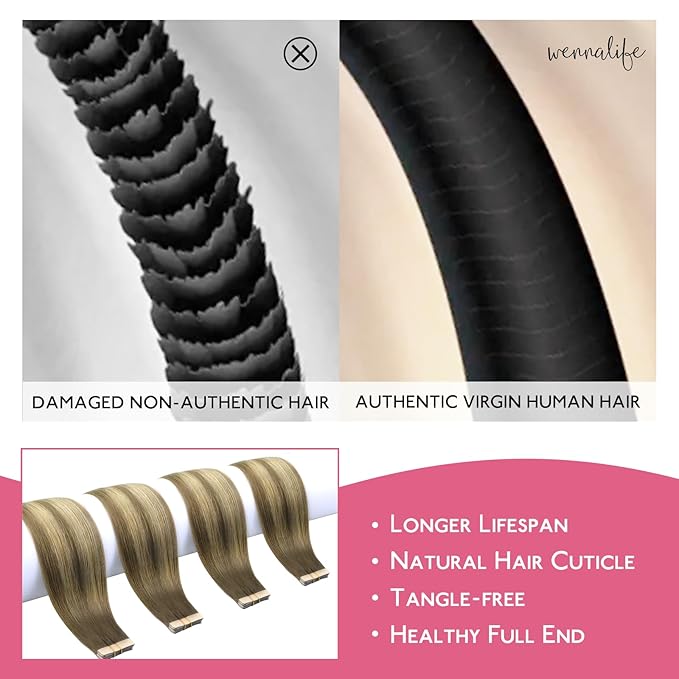 WENNALIFE Tape in Hair Extensions Human Hair Ombre Walnut Brown to Ash Brown and Bleach Blonde Tape in Extensions, 10pcs 30g 22 inch Remy Invisible Tape Ins Straight Real Human Hair Tape in Extensions