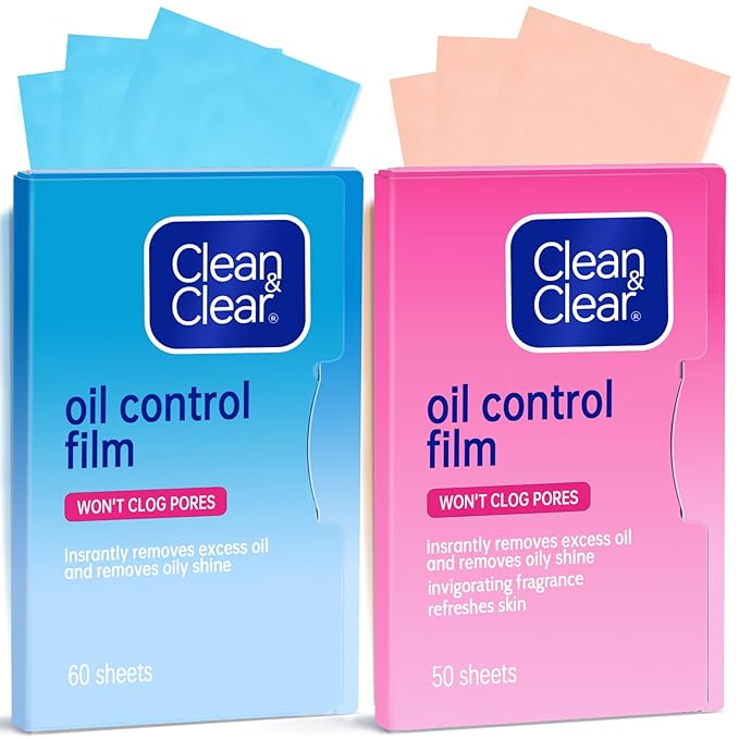 Oil Absorbing Tissues Oil Control Film, Oil Blotting Paper Same Series with Clean & Clear Oil Absorbing Facial Sheets for Oily Skin, 60 sheets Blue + 50 sheets Pink