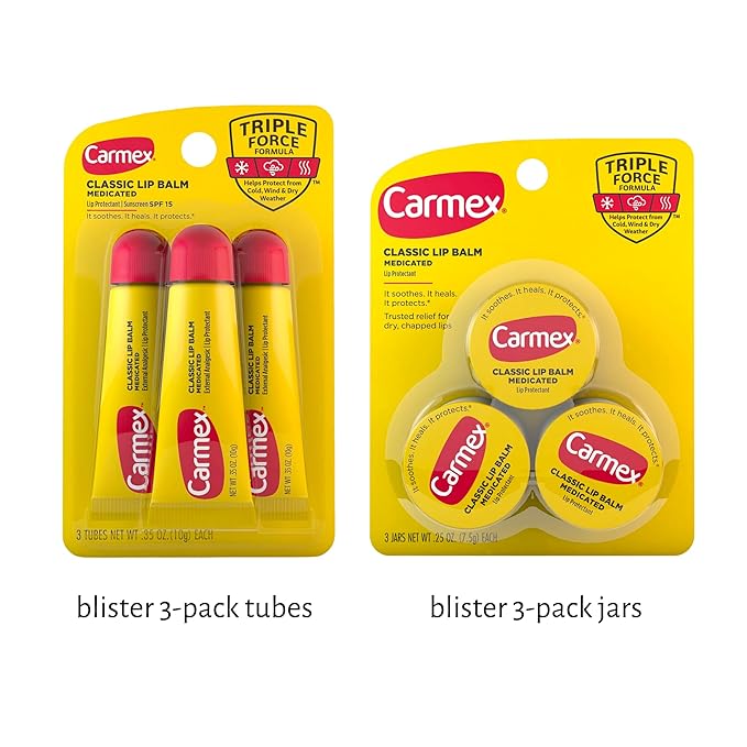 Set of 6 Medicated Lip Balms by Carmex: 3 Jars and 3 Tubes. Carmex Lip Balm Moisturizer, Trusted Relief for Dry, Chapped Lips. Bundled with Silicone Lip Brush and Lip Balm Holder Keychain (Pink)