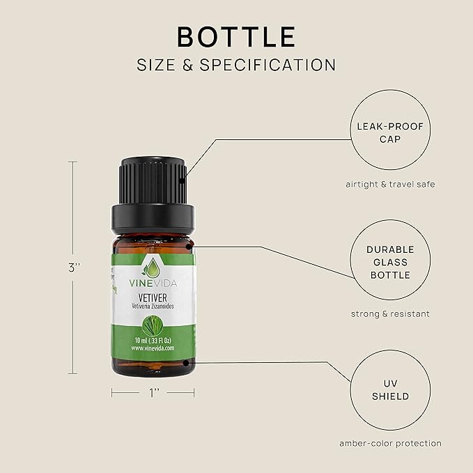 VINEVIDA Vetiver Essential Oil 10 mL - Undiluted Candle Scent DIY Scents for Candlemaking Soap Making Safe Skin, Pack of 1,0.33 Fl Oz,10 milliliters, (4OZV-OBP-VET-IND-10ML)