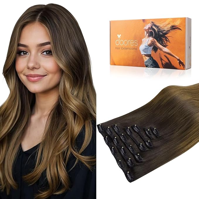 DOORES Clip in Hair Extensions Real Human Hair, Chocolate Dip Color Melt 20 Inch 7pcs 120g, Remy Hair Extensions Straight Extensions Human Hair Natural Thick Hair