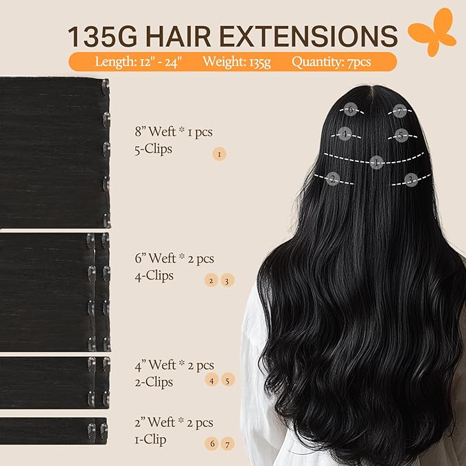 DOORES Clip in Hair Extensions Real Human Hair, Natural Black 18 Inch 135g 7pcs, Straight Remy Extensions for Women Thick Silky for Party