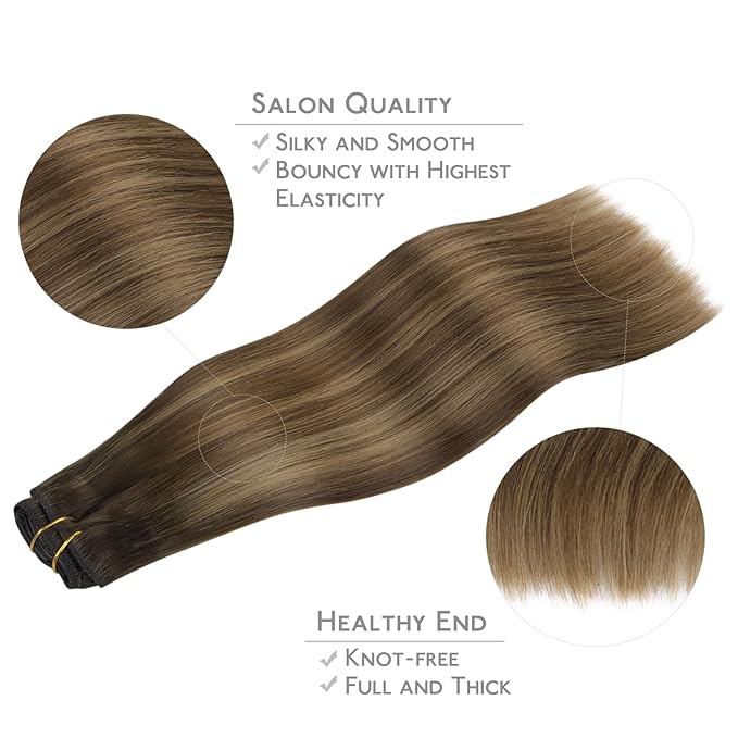 WENNALIFE Clip in Hair Extensions Real Human Hair, 14 Inch 120g 7pcs Human Hair Extensions Clip In Human Hair, Light Ash Brown to Warm Chocolate Highlighted Caramel Blonde Hair Extensions Clip In Real