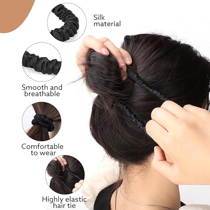 5 Pcs Silk Hair Ties, 100% Pure Mulberry Silk Hair Scrunchies Black Skinny Scrunchies Ponytail Holders Stocking Stuffers Gifts for Women Girls