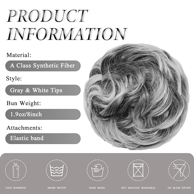 Large Messy Bun Hair Piece Curly Synthetic Extensions Scrunchies Fake Chignon Updo Hairpieces for Women Light Gray