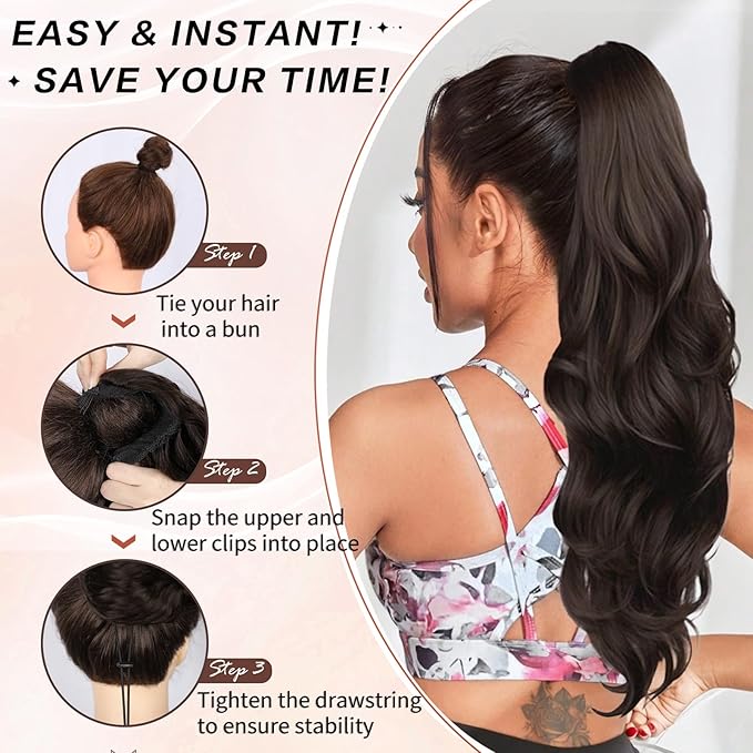 Ponytail Extension, 26 Inch Drawstring Ponytail Extension for Women Long Wavy Pony Tails Hair Extensions Synthetic Clip in Ponytail Hairpiece for Women(Brown)
