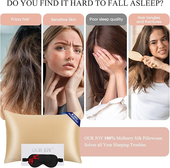 100% Mulberry Silk Pillowcase 22 Momme (SGS Certified) with Free Silk Eye Mask - Luxury Gift-Ready Folded Packaging, Cooling Pillow Cover for Hair & Skin Care (Gold, Standard (1 Pack))