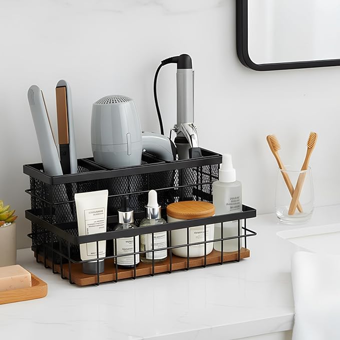 1 Pcs Hair Tool Organizer Countertop Breathable Metal & Bamboo Hot Tools Organizer Under Sink Bathroom Hair Dryer Holder Countertop Brush Comb Holder,makeup tray (Koa Wood,Black)