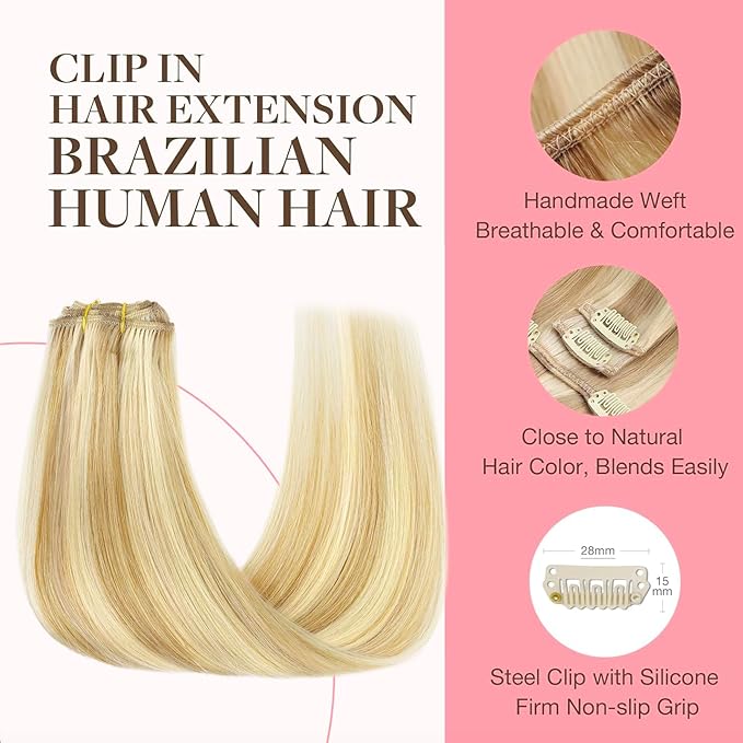 GOO GOO Clip in Hair Extensions Real Human Hair, Remy Human Hair Extensions Clip ins for Women, Natural Human Hair, 18inch 70g 2Pcs, #16/22 Light Blonde Highlighted Golden Blonde