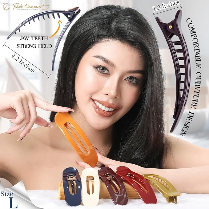 RC ROCHE 6 Pcs Flat Claw Hair Clips for Women Lay Down Barrettes No Crease Side Slide Thick Long Hair Duckbill French Against Head Jaw Claw Styling Jumbo Extra XL Clamp, Large Classic