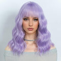 NOBLE Short Curly Purple Bob Wig with Bangs for Girls and Women Shoulder Length Heat Resistant Synthetic Wig Bob Curly Loose Wavy Hair Wigs for Halloween Cosplay 12 Inches