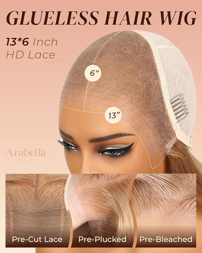 Arabella 13x6 Light Brown Blonde Wig Human Hair Glueless Wigs Human Hair Pre Plucked Pre Cut 13x6 Ear to Ear Full HD Lace Front Wigs 210% Density Straight Wig Drawstring Wig Human Hair 22 Inch