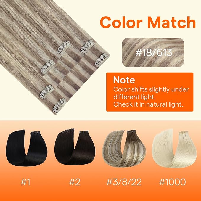 Full Shine Seamless Clip in Hair Extensions Human Hair, Highlights Blonde to Ash Blonde Real Hair Extensions Clip in, Seamless Wefts for Thin Hair Add Volume, 4Pcs 16Inch 65 grams