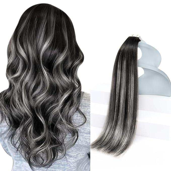 Sunny Hair Tape in Hair Extensions Real Human Hair Invisible Remy Hair Extensions Tape ins for Women Natural Black Roots to Silver Grey Balayage 12 inch 20Pcs