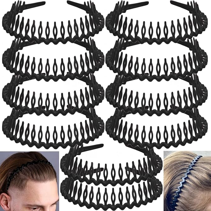 LAPOHI 10 PCS Non Slip Fashion Effortless Plastic Headbands with Teeth Comb Skinny Hair Bands for Women Men Teen Girls, Long Teeth Matte Black