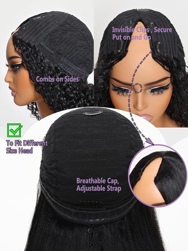 YIROO EasiContour V Part Wigs Ombre Brown Glueless Human Hair Upgrade U Part Wig with Dark Roots Highlight V Shape Clip Wigs Beginner Friendly with Drawstring Ready to Wear Chestnut Brown Color 26Inch