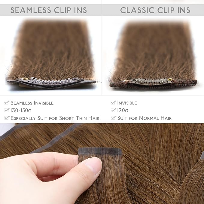 WENNALIFE Seamless Clip In Hair Extensions Human Hair, 16 Inch 130g 7pcs Light Auburn Brown Real Hair Extensions Clip in Human Hair Invisible PU Skin Weft Natural Remy Human Hair Extensions