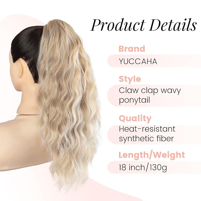 Claw Wavy Ponytail Extension 18" for Women Curly Pony Tail Clip in Hair Extensions Shoulder Length Fluffy Natural Looking Synthetic Hairpiece for Daily Use (Blonde to Light Blonde)