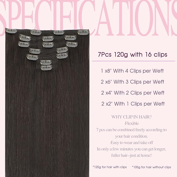 PINKPEARL Human Hair Extensions Clip ins 16inch Clip in Hair Extensions #2 Dark Brown Real Human Hair Clip on 120g 7pcs Remy Hair Clip ins for Women(#2-16)