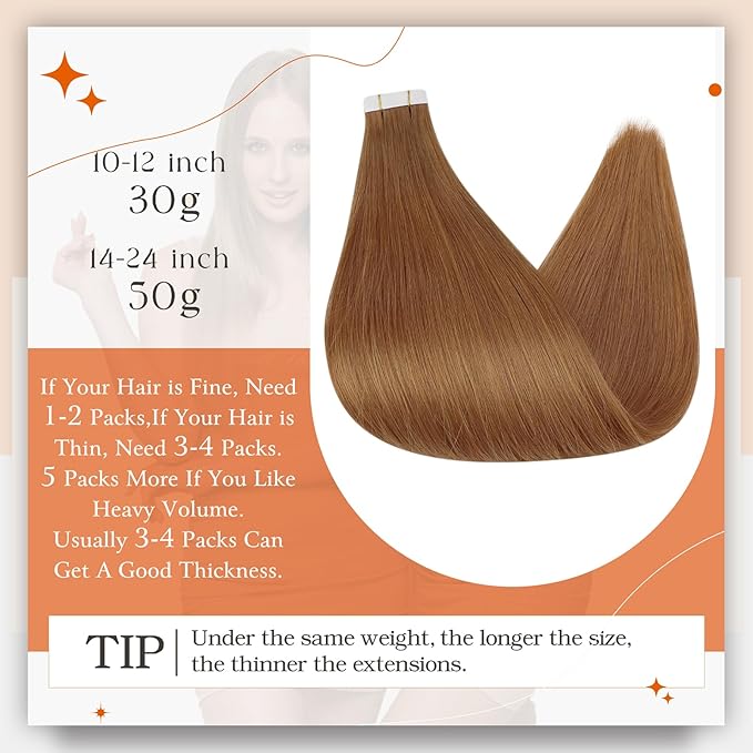 Full Shine Human Hair Tape in Extensions Color 330 Copper Brown Double Sided Tape in Hair Extensions Human Hair 14Inch Remy Hair Extensions 50Gram Seamless Skin Weft 20Pcs for Wedding