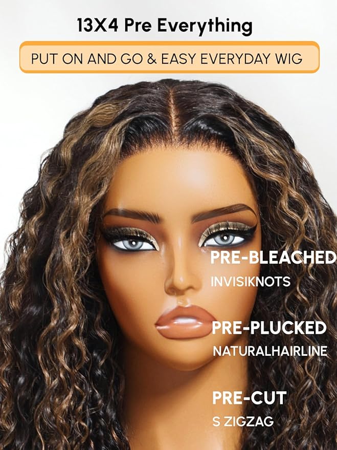Julia Hair Golden Brown Highlight Water Wave and Jerry Curly Wig Mixed Curls 13X4 Lace Front Pre Everything Wigs Glueless Human Hair Lace Frontal with Invisi Drawstring Ready to Go 26 Inch