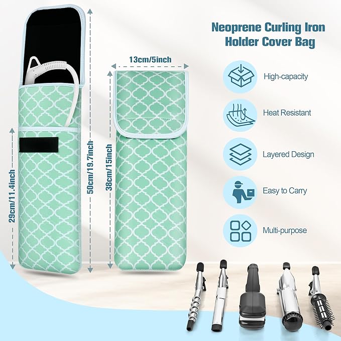 Women's Heat Resistant Neoprene Curling Iron Holder Flat Iron Curling Wand Travel Storage Cover Case Bag Pouch -Water-Resistant (Green-1)