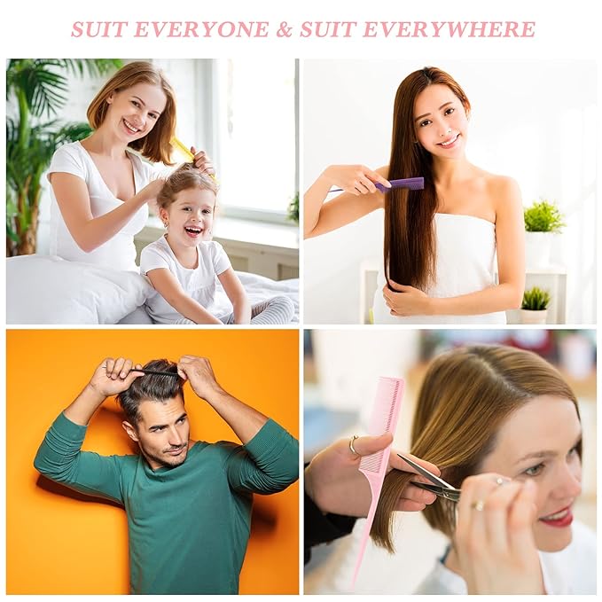 Leinuosen 10 Pcs Rat Tail Comb Styling Carbon Heat Resistant Anti Static Teasing Comb for Back Root Tease Adding Volume Evening Styling(Assorted Color)