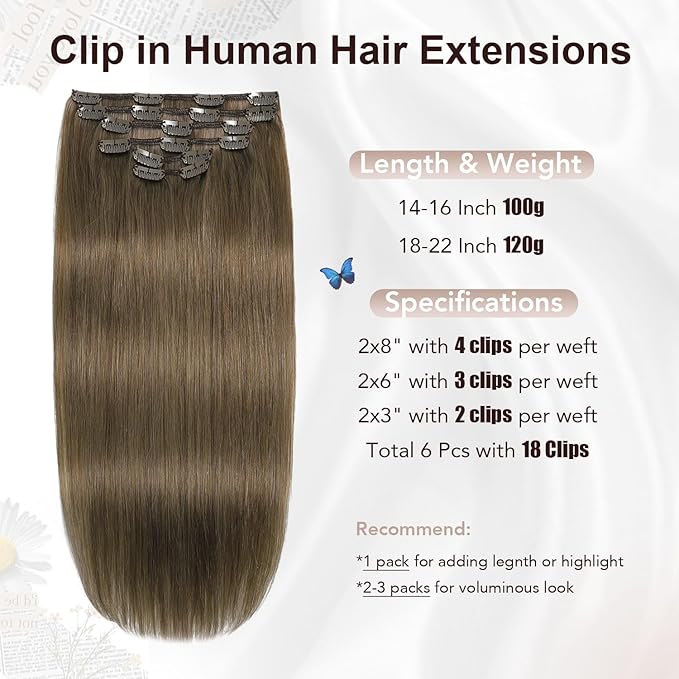 XDhair Clip in Hair Extensions Human Hair,120g 22 Inch Ash Brown Clip in Hair Extensions Straight Remy Hair for Women 6 Pieces (#8,22Inch)