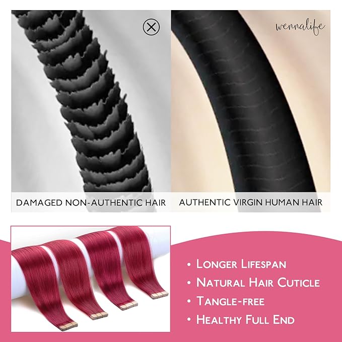 WENNALIFE Tape in Hair Extensions Human Hair Burgundy Red Tape in Extensions, 10pcs 30g 26 inch Remy Invisible Tape Ins Straight Colored Soft Real Human Hair Tape in Extensions Refill Set Extensions