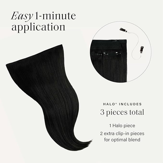 Luxy 100% Remy Human Hair – Halo Clip-In Hair Extensions –Natural Looking Volume & Length - One-Piece - Easy 5-Min Application 140 grams 16"Off Black Halo Clip-In