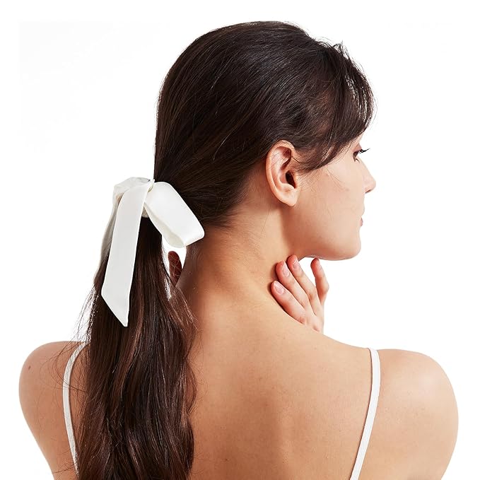 1 Piece Silk Bow Scrunchies for Hair-100% Pure Mulberry 22 Momme Silk Hair Tie, Elastic Ponytail Holder, Elegant Soft Bow Hair Ties Band for Women Hair Care, Multiple Colours (WHITE)