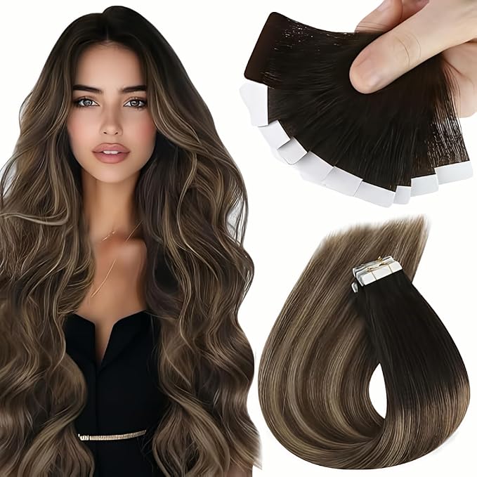 Sunny Hair Tape in Hair Extensions Real Human Hair Invisible Remy Hair Extensions Tape ins for Women Natural Black Ombre Dark Brown Balayage Ash Blonde 20 inch 25G