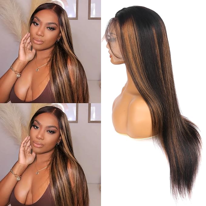 32 Inch Highlight Ombre Lace Front Wig Human Hair Straight Wigs Human Hair 13x4 Pre Plucked 1B/30 Black with Brown Highlight Wig 200% Density Colored Glueless Wigs for Women