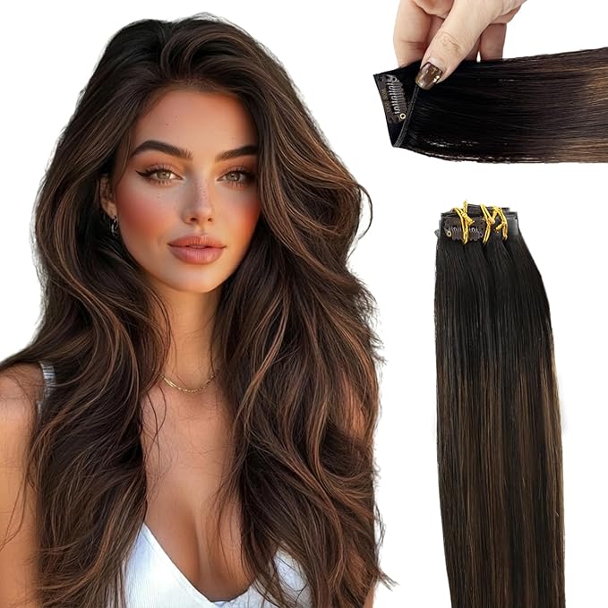 Moresoo Genius Clip Hair Extensions Ombre Dark Brown to Chestnut Brown Genius Weft Clip in Hair Extensions Human Hair Thick Soft Straight 16 inch 120G 7Pcs