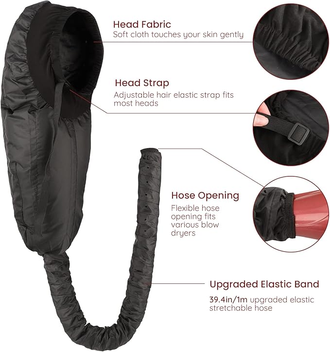 Bonnet Hooded Hair Dryer Attachment, Segbeauty Extra Large Adjustable Deep Conditioning Cap, Upgraded Drying Heat Cap with Elastic Strap for Natural Curly Textured Hair Care, Fast Drying, Styling