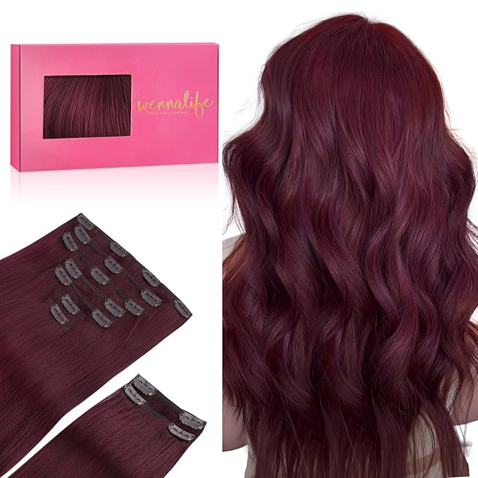 WENNALIFE Clip in Hair Extensions, 150g 22 Inch 9pcs Light Burgundy Remy Hair Thicker Double Weft Extensiones De Cabello Humano Con Clip Ins Straight Full Volume