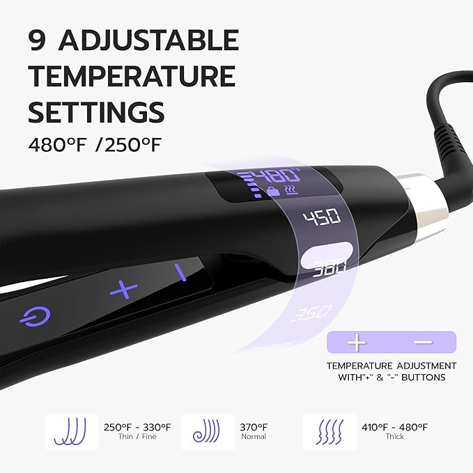 iQUE 1.25” Titanium Plates Hair Straightener & Curler 2-in-1 – Fast Heat-Up Flat Iron with Ionic Technology, Floating Plates, LCD Display, Adjustable Temp to 480°F, Dual Voltage for All Hair Types