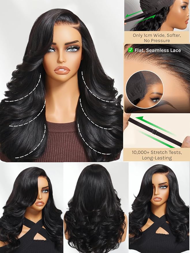 Julia Hair Bye Bye Slip Wig Feathered Layer Side Part Human Hair Wig 200% Density 7X5 Pre Cut Lace Closure Loose Body Wave Wigs Pre Everything Glueless with Secure Silicone Strips Drawstring 16 Inch