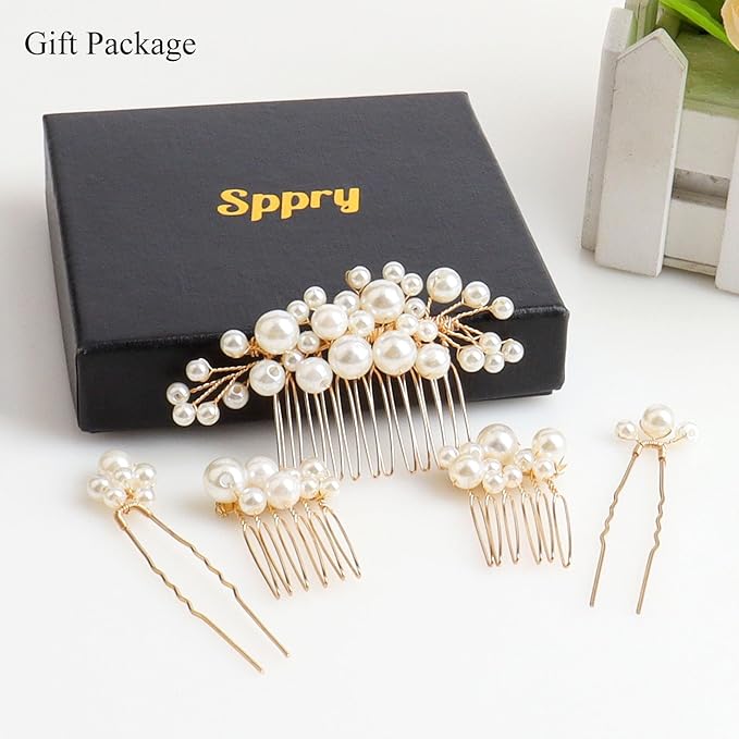 Pearl Hair Combs and Hair Pins for Bridal Women, Decorative Hair Accessories for Wedding Prom, Set of 5 (Gold)