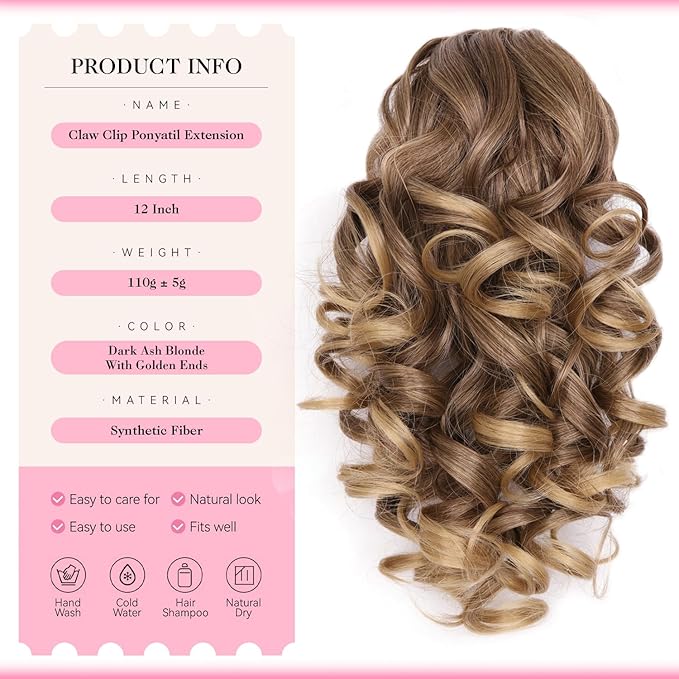 12 Inch Ponytail Extension - Clip in Ponytail Hair Extensions, Curly Wavy Pony Tails Hair Extensions, Synthetic Claw Clip Ponytail Extension for Women (Color: Dark Ash Blonde With Golden Ends)